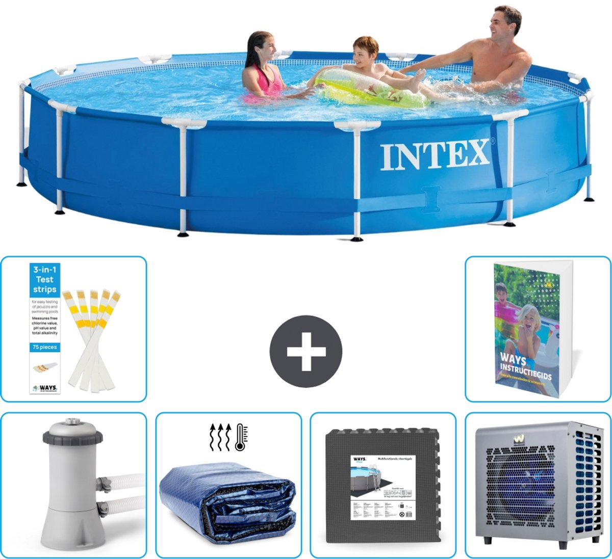 Intex Rond Frame Zwembad - 366 x 76 cm - Blauw - Inclusief Pomp - Solarzeil - Vloertegels - Warmtepomp - 7-delig