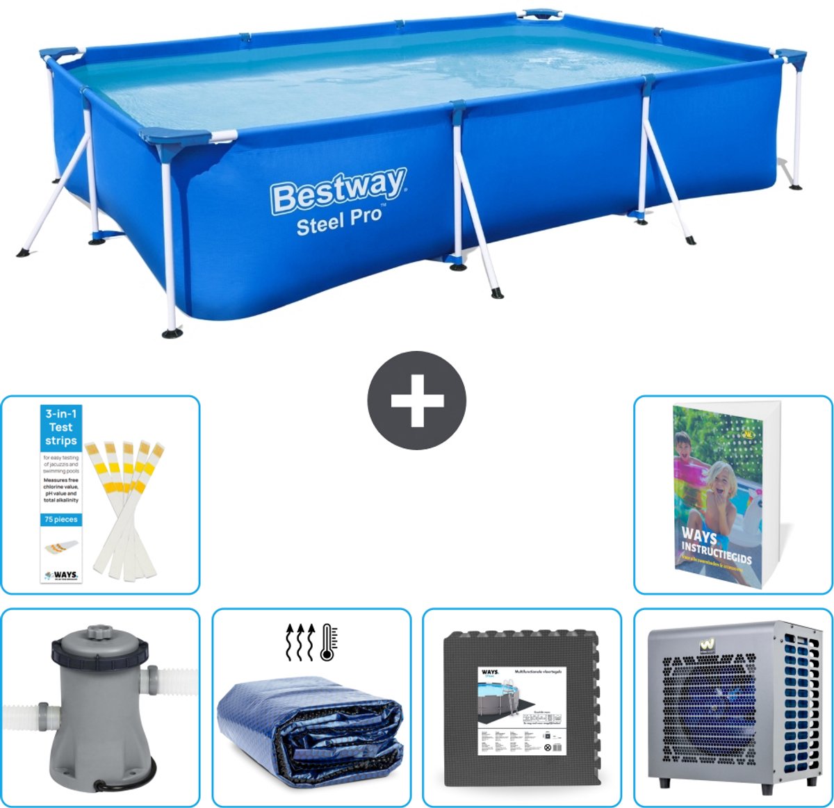 Bestway Rechthoekig Steel Pro Zwembad - 300 x 201 x 66 cm - Blauw - Inclusief Pomp - Solarzeil - Vloertegels - Warmtepomp - 7-delig