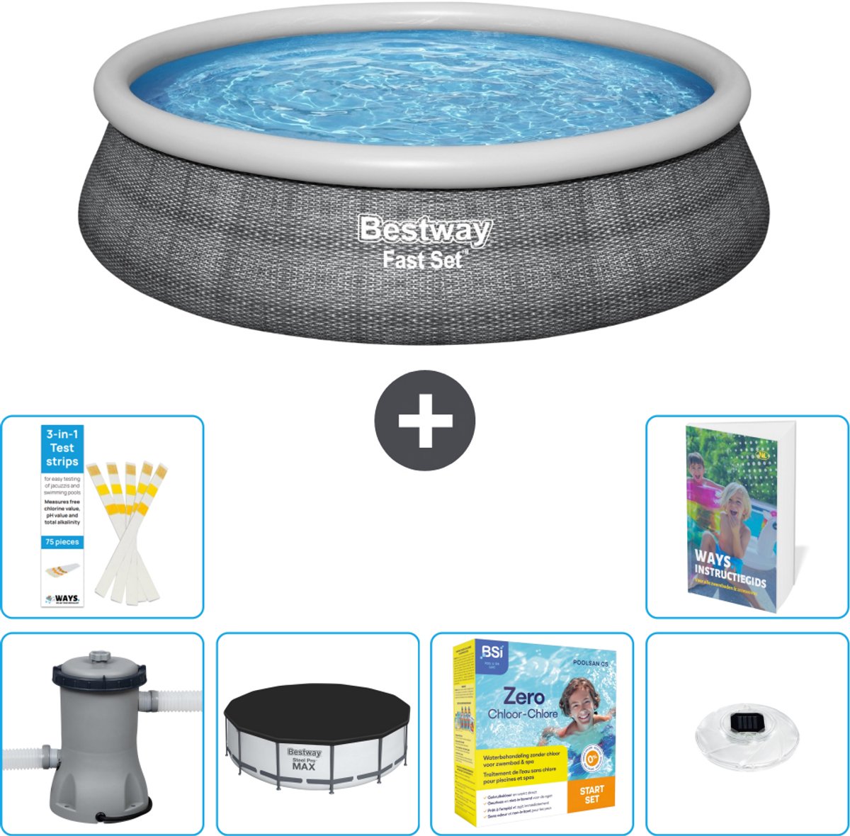 Bestway Rond Opblaasbaar Fast Set Zwembad - Rotanprint - 457 x 84 cm - Inclusief Pomp - Afdekzeil - Onderhoudspakket - Verlichting - 7-delig