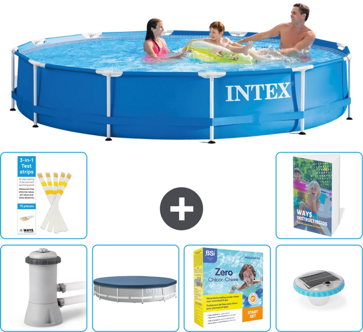 Intex Rond Frame Zwembad - 366 x 76 cm - Blauw - Inclusief Pomp - Afdekzeil - Onderhoudspakket - Verlichting - 7-delig