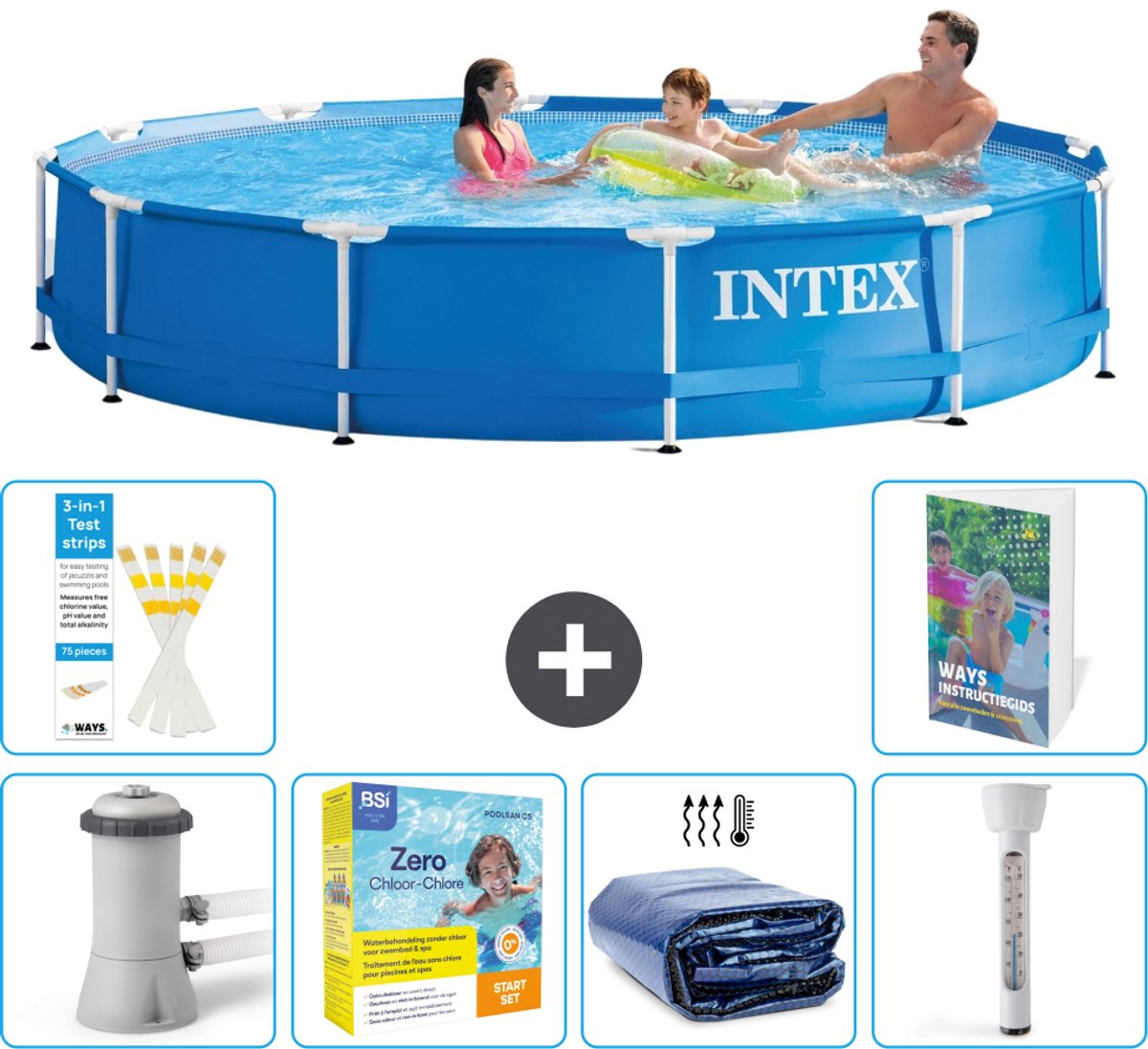 Intex Rond Frame Zwembad - 366 x 76 cm - Blauw - Inclusief Pomp - Onderhoudspakket - Solarzeil - Thermometer - 7-delig