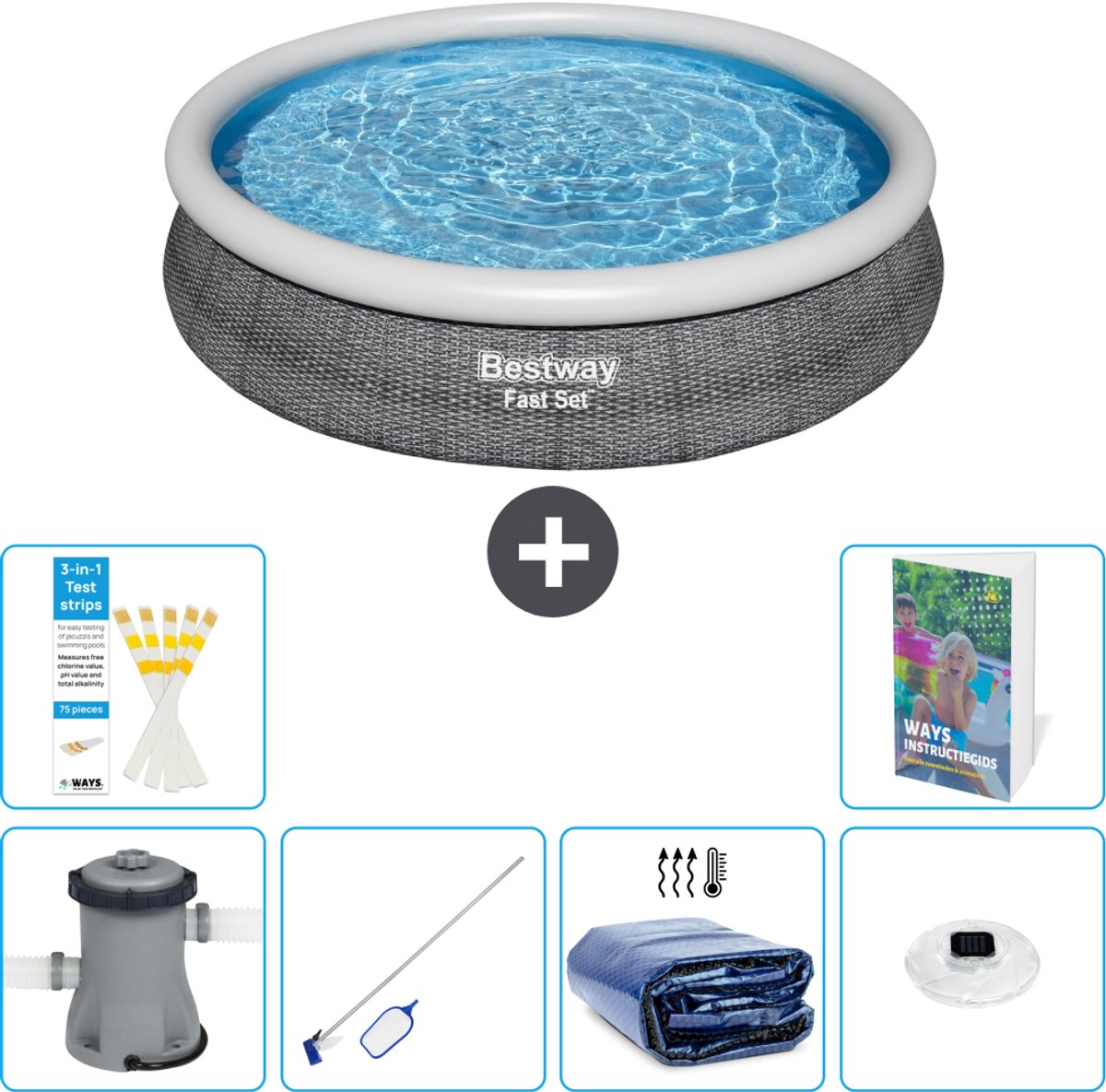 Bestway Rond Opblaasbaar Fast Set Zwembad - Rotanprint - 366 x 76 cm - Inclusief Pomp - Schoonmaakset - Solarzeil - Verlichting - 7-delig