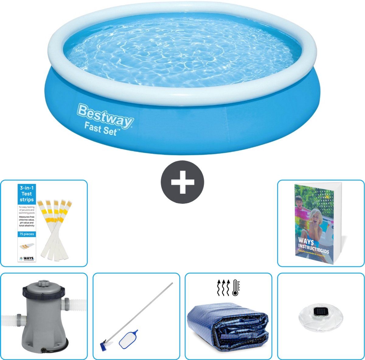 Bestway Rond Opblaasbaar Fast Set Zwembad - 366 x 76 cm - Blauw - Inclusief Pomp - Schoonmaakset - Solarzeil - Verlichting - 7-delig