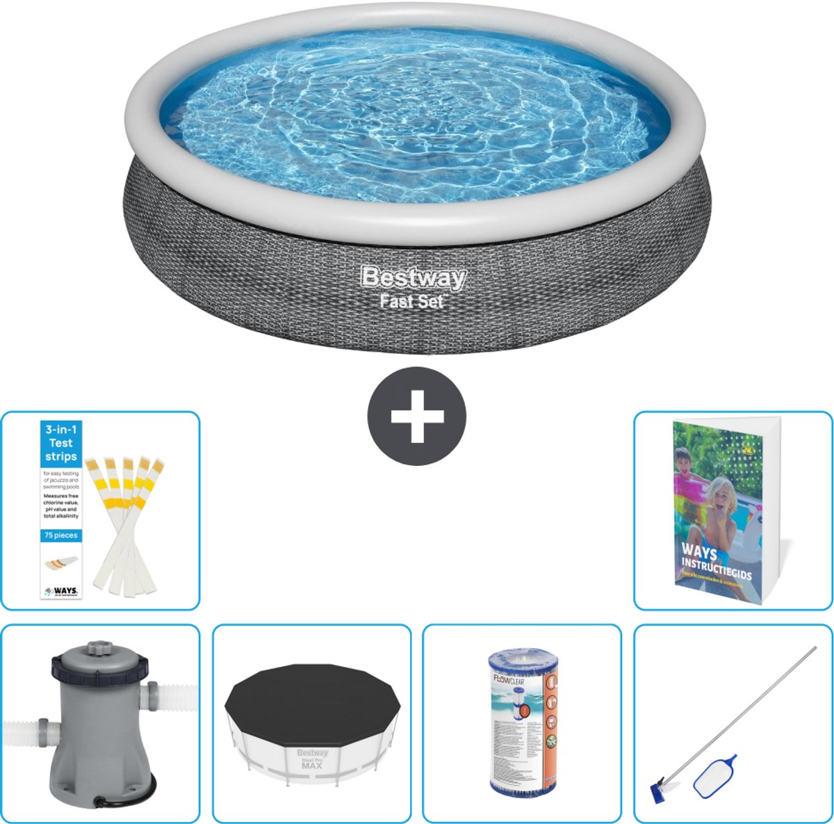 Bestway Rond Opblaasbaar Fast Set Zwembad - Rotanprint - 366 x 76 cm - Inclusief Pomp - Afdekzeil - Filter - Schoonmaakset - 7-delig