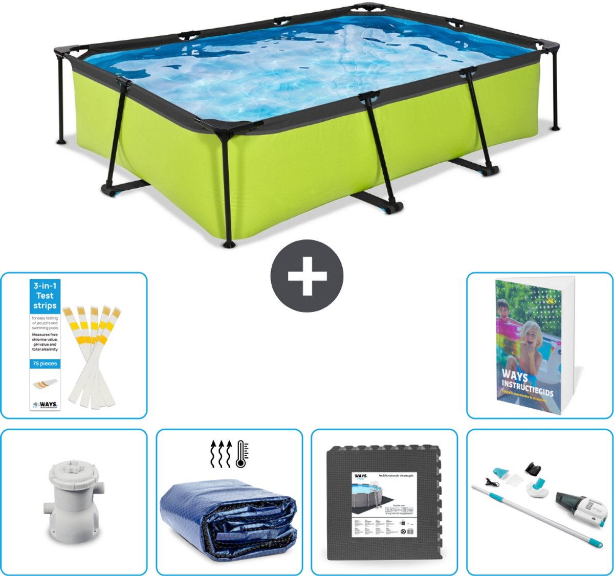 EXIT Rechthoekig Lime Frame Zwembad - 300 x 200 x 65 cm - Inclusief Pomp - Solarzeil - Vloertegels - Stofzuiger - 7-delig