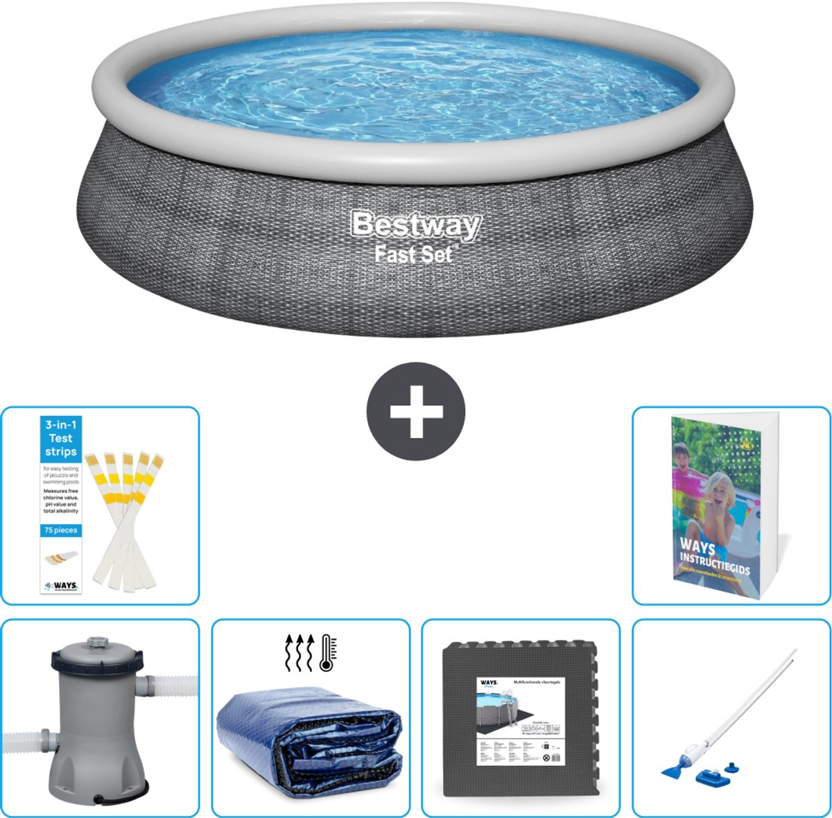 Bestway Rond Opblaasbaar Fast Set Zwembad - Rotanprint - 457 x 84 cm - Inclusief Pomp - Solarzeil - Vloertegels - Stofzuiger - 7-delig