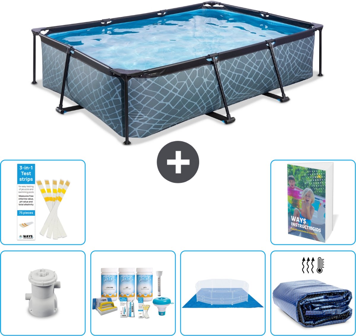 EXIT Rechthoekig Stone Frame Zwembad - 300 x 200 x 65 cm - Inclusief Pomp - Onderhoudspakket - Grondzeil - Solarzeil - 7-delig
