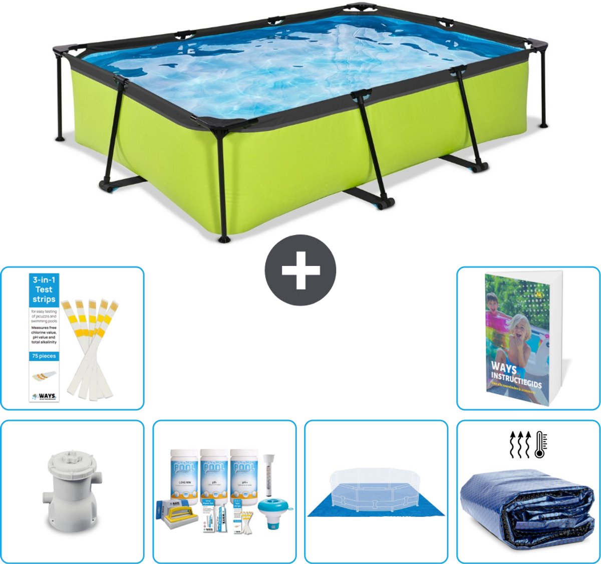 EXIT Rechthoekig Lime Frame Zwembad - 300 x 200 x 65 cm - Inclusief Pomp - Onderhoudspakket - Grondzeil - Solarzeil - 7-delig
