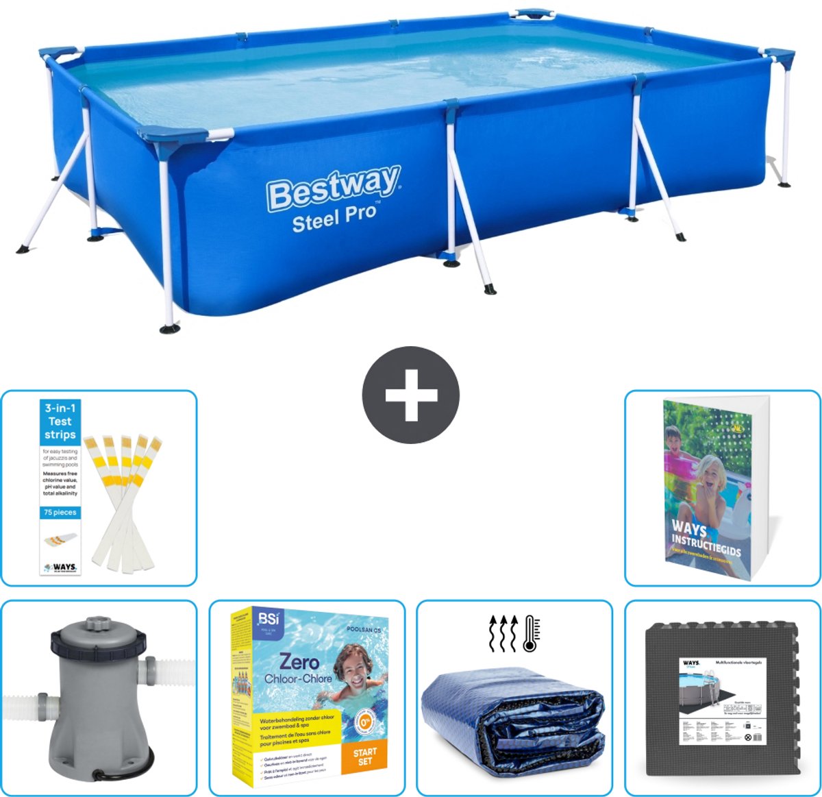 Bestway Rechthoekig Steel Pro Zwembad - 300 x 201 x 66 cm - Blauw - Inclusief Pomp - Onderhoudspakket - Solarzeil - Vloertegels - 7-delig