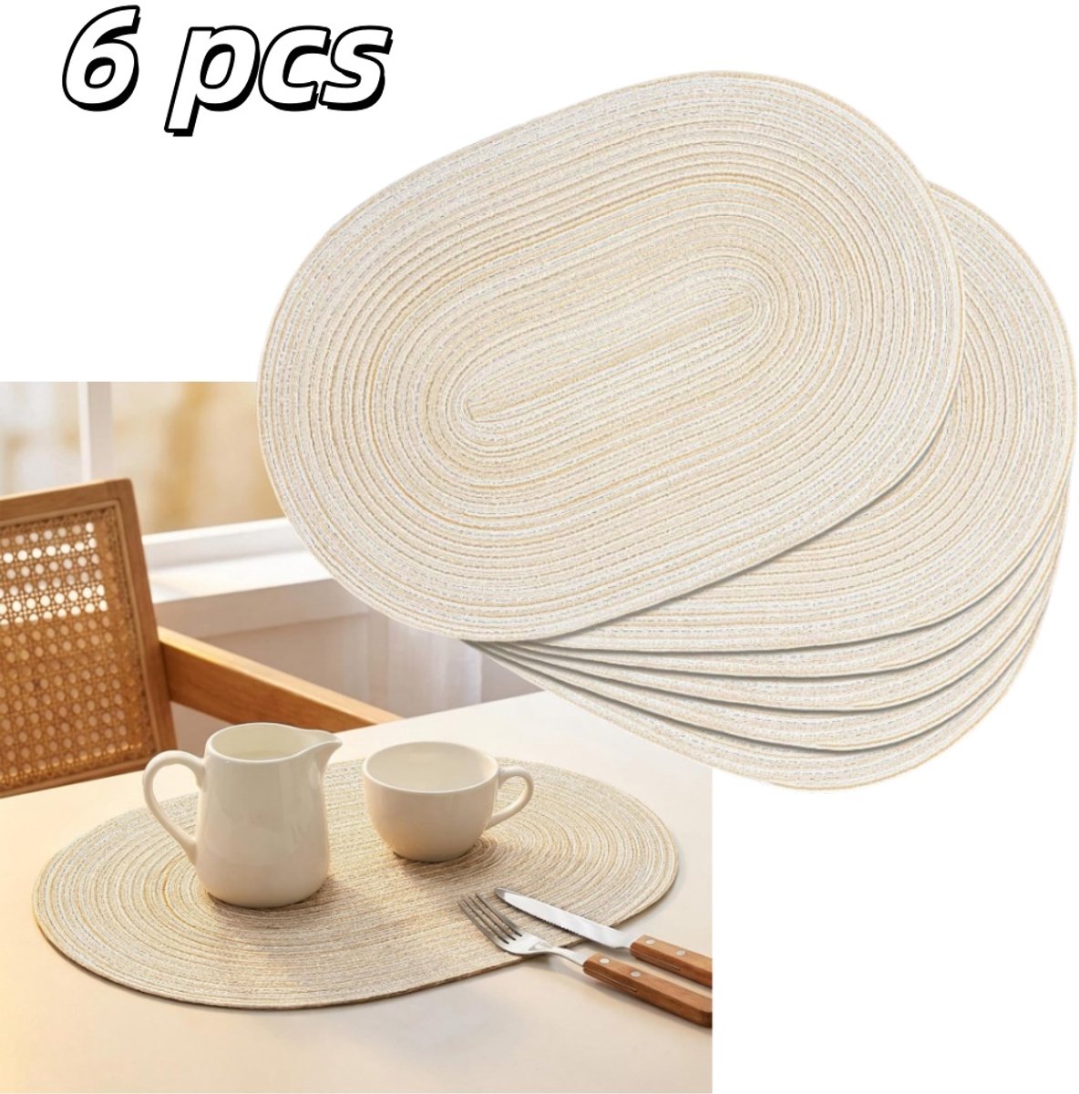 6 stuks - Geweven ovale placemat - Hittebestendig en handwasbaar - Tafelonderzetter - Bestekhoes - 30*45 cm - Keukentafelplacemat - Beige