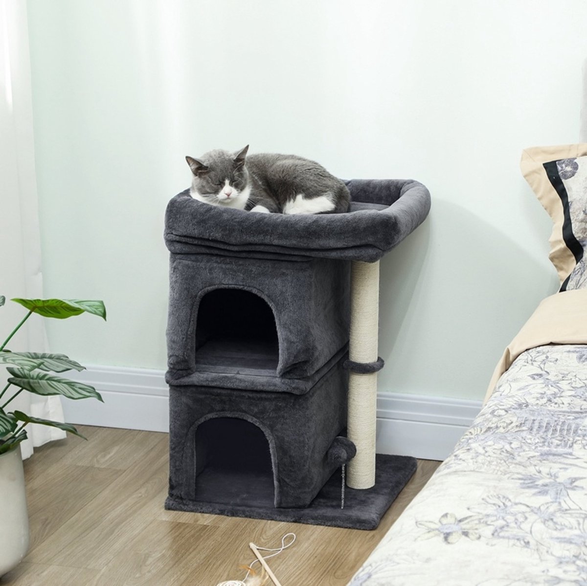 REDOM- Krabmeubel - Krabpaal met 2 kattenholen en ligplatform - Sisal krabstam - Speelbal - Polyester - Donkergrijs - 45 x 40 x 66 cm