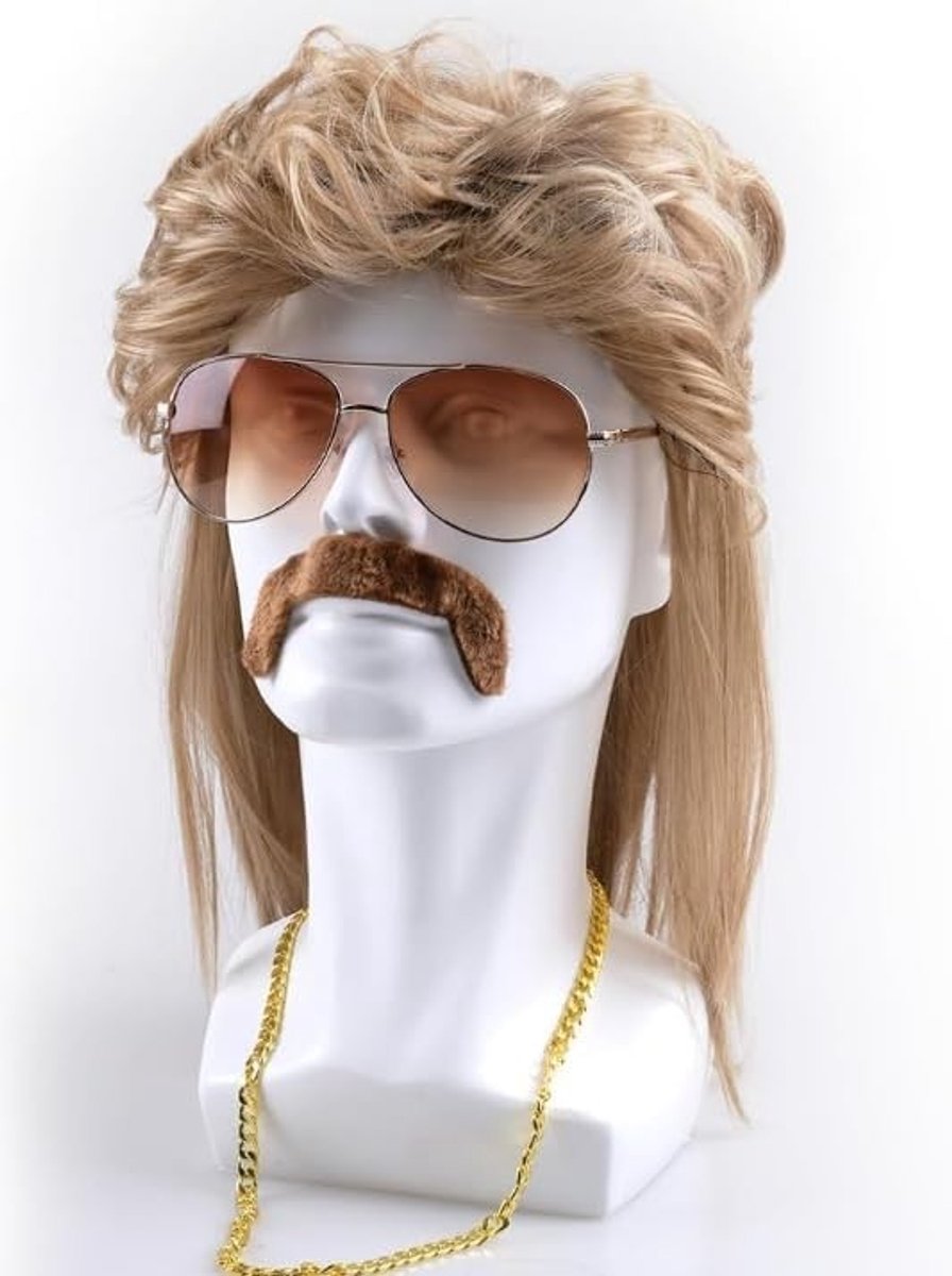 Vokuhila Perkamenten voor Mannen met Zonnebril, Baard en Ketting voor Carnaval en Feestjes - 80s en 90s Kostuums en Accessoires