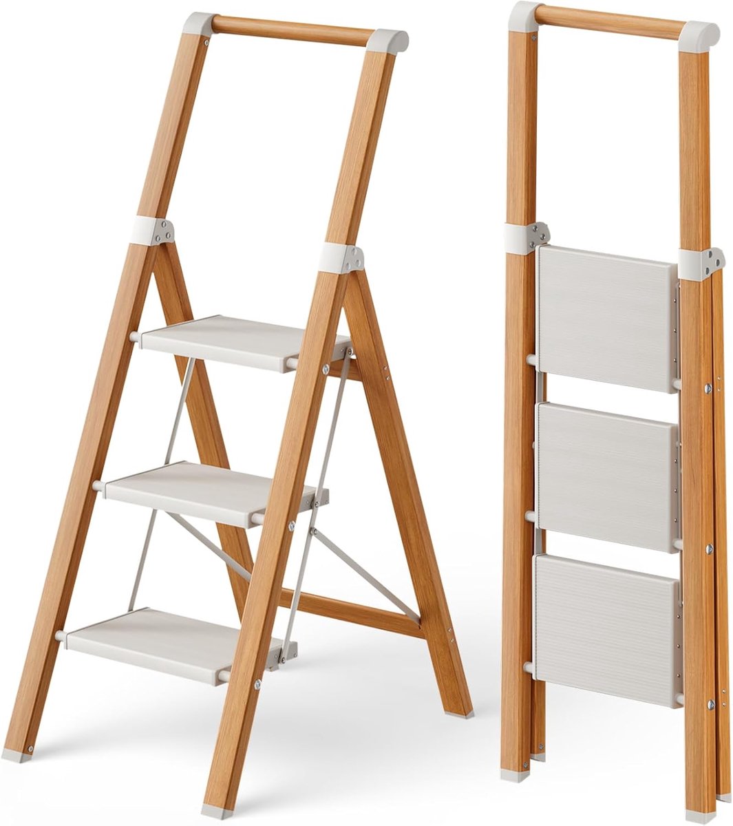SnelShoppen - Opvouwbare Ladder 3 Treden met Leuning, Aluminium, Antislip, Draagvermogen 150 Kg, Binnen en Buiten, Houtlook Design, Compact en Lichtge