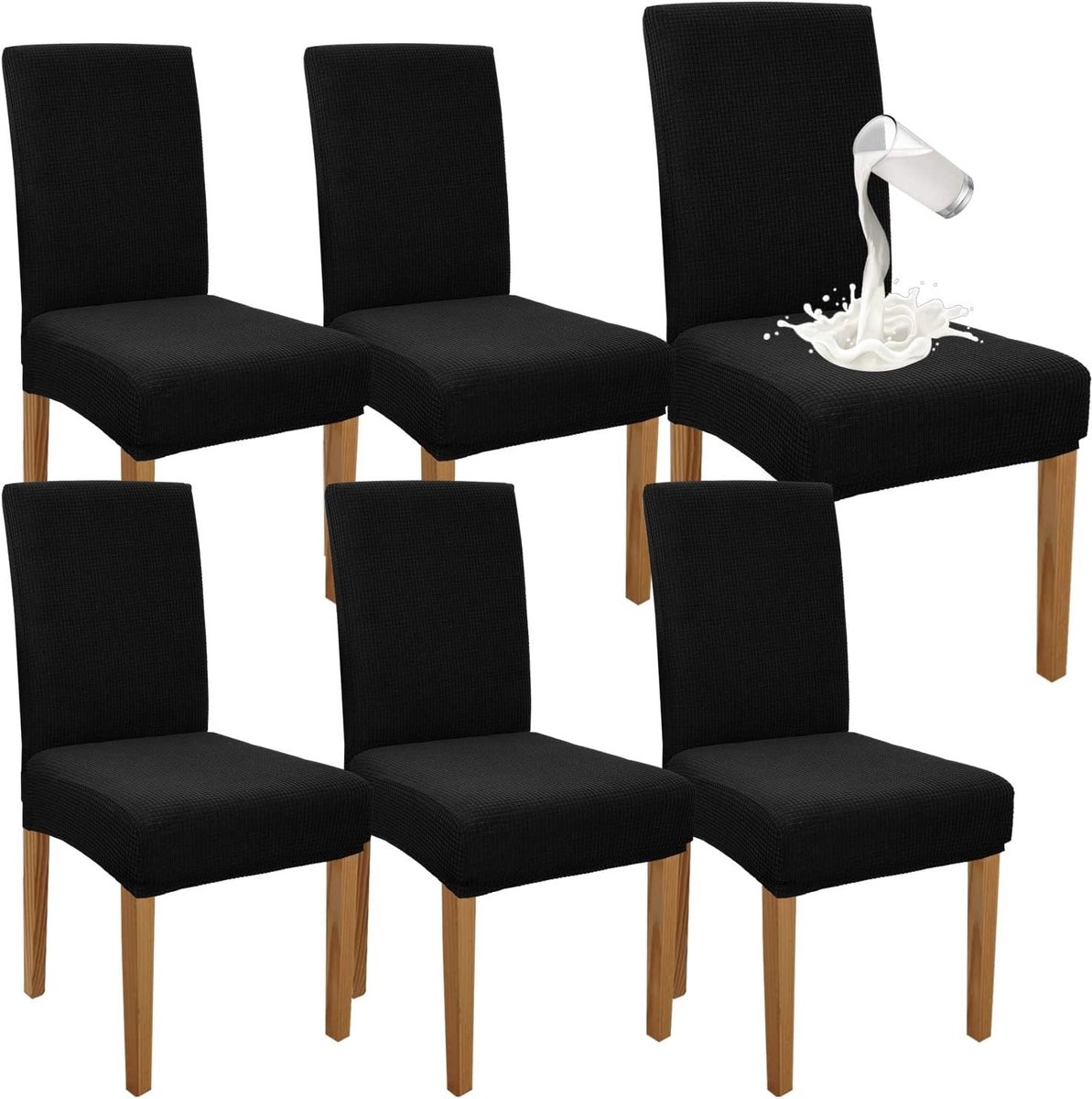 Zwarte Waterdichte Eetkamerstoelhoezen Set van 6 - Elastische Hoge Rugleuning Slipcovers voor Keuken en Feesten