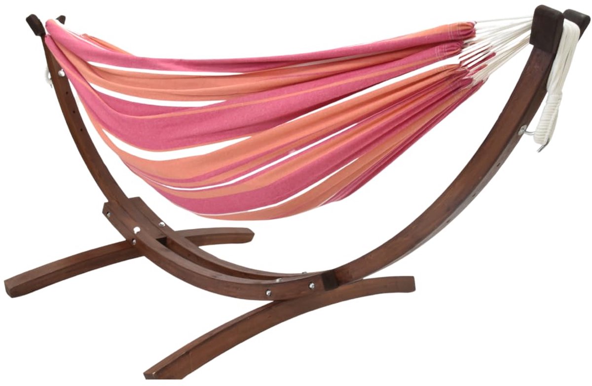 SnelShoppen - Dubbele katoenen hangmat met massief grenen standaard - Hangmat voor tuin, balkon, camping - Natuurlijke stijl, comfortabel en duurzaam