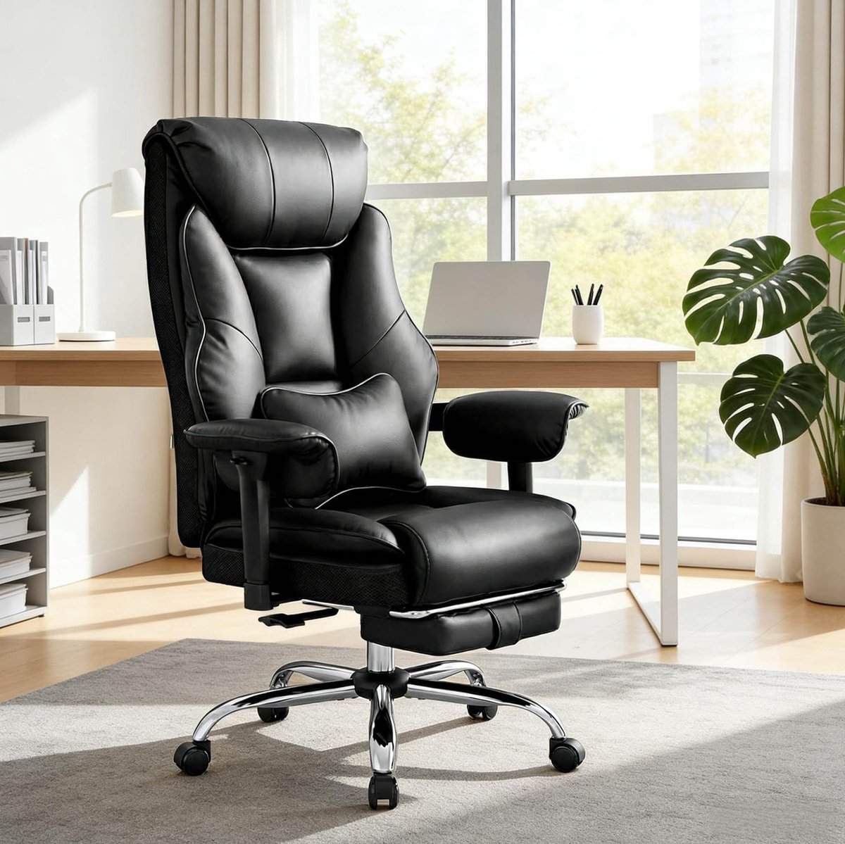REDOM - Bureaustoel - Ergonomisch met hoge rugleuning, hoofdsteun en verstelbare armleuningen - Kantelbaar en 360° draaibaar - Met wielen - Kunstleer en metaal - Zwart - 77 x 71 x 118-125,5 cm