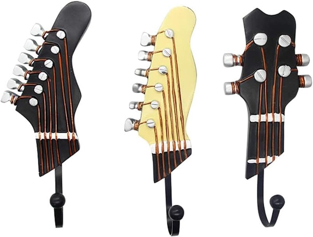 SnelShoppen - Vintage Gitaarvormige Decoratieve Haken Wandgemonteerd Kledingrek Hangers voor Jassen Handdoeken Sleutels Hoeden 3-Pack Zwart Metaal Har
