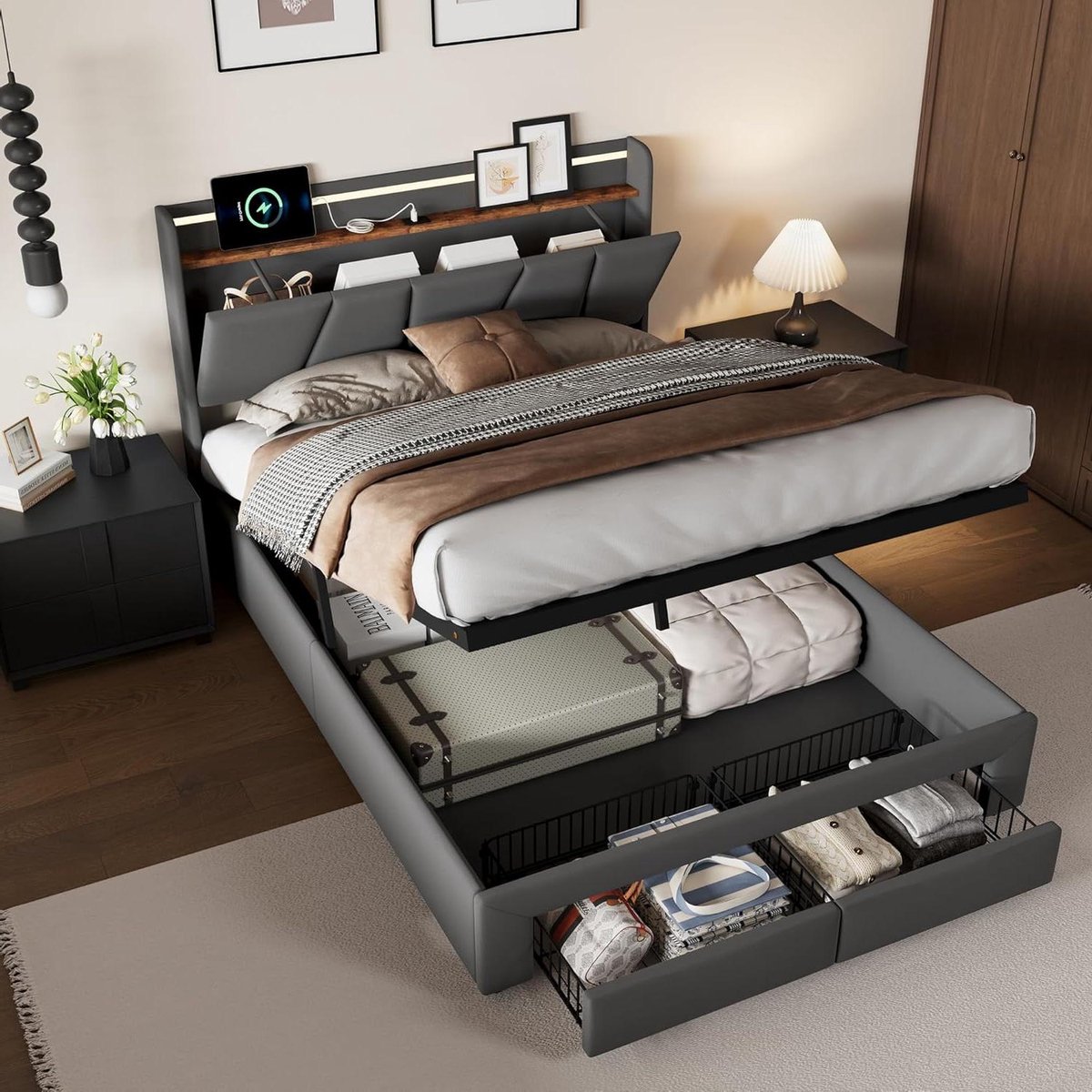 Tweepersoonsbed met Opbergruimte - Linnen Bedframe - Slaapkamer Organisatie - Ingebouwde LED en USB - 140 x 200 cm - Donkergrijs