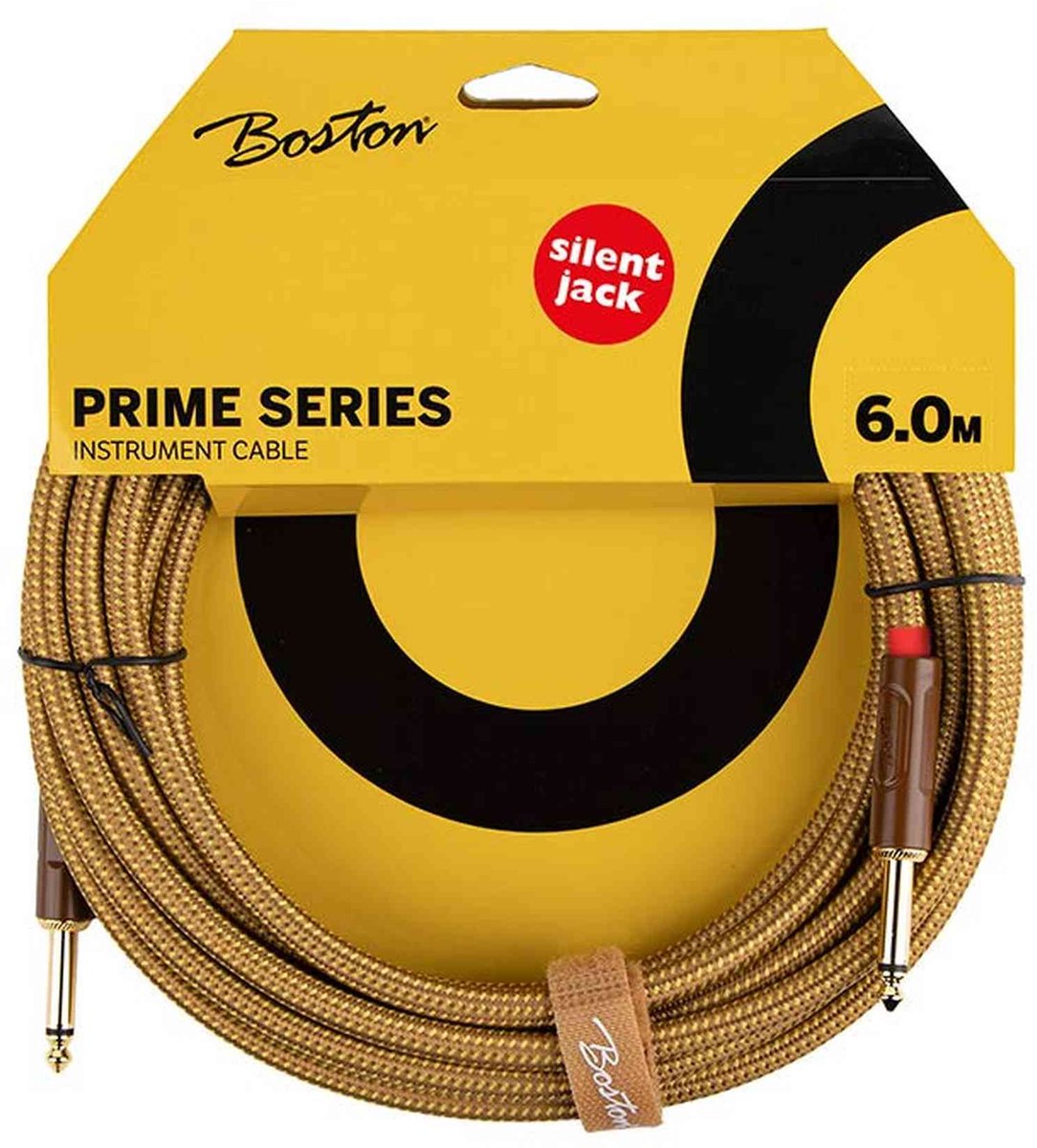 Boston GCRT-60S Prime Series Instrumentkabel 6 meter Jack naar Silent Jack Geel Tweed