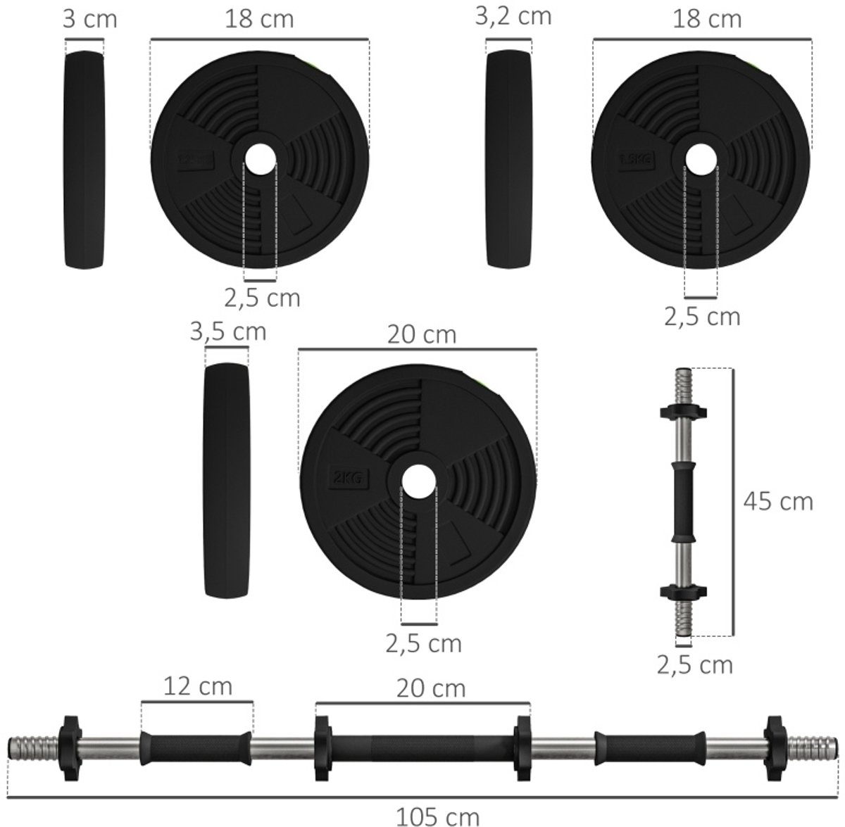 2-in-1 Halterset – Verstelbaar Gewicht – 20 kg – Kunststof – Zwart – Voor Lang- en Korthalters Thuisfitness