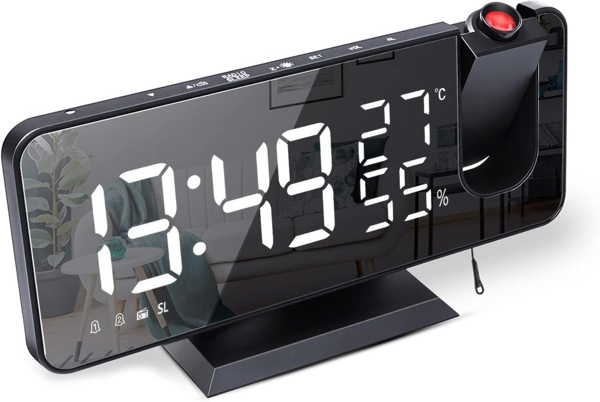 SnelShoppen - Wekker met Projectie - Digitale Projectiewekker met 7,5 inch LED-display, FM-radio, Dubbel Alarm, Snooze, 4 Helderheid Instellingen, Aut