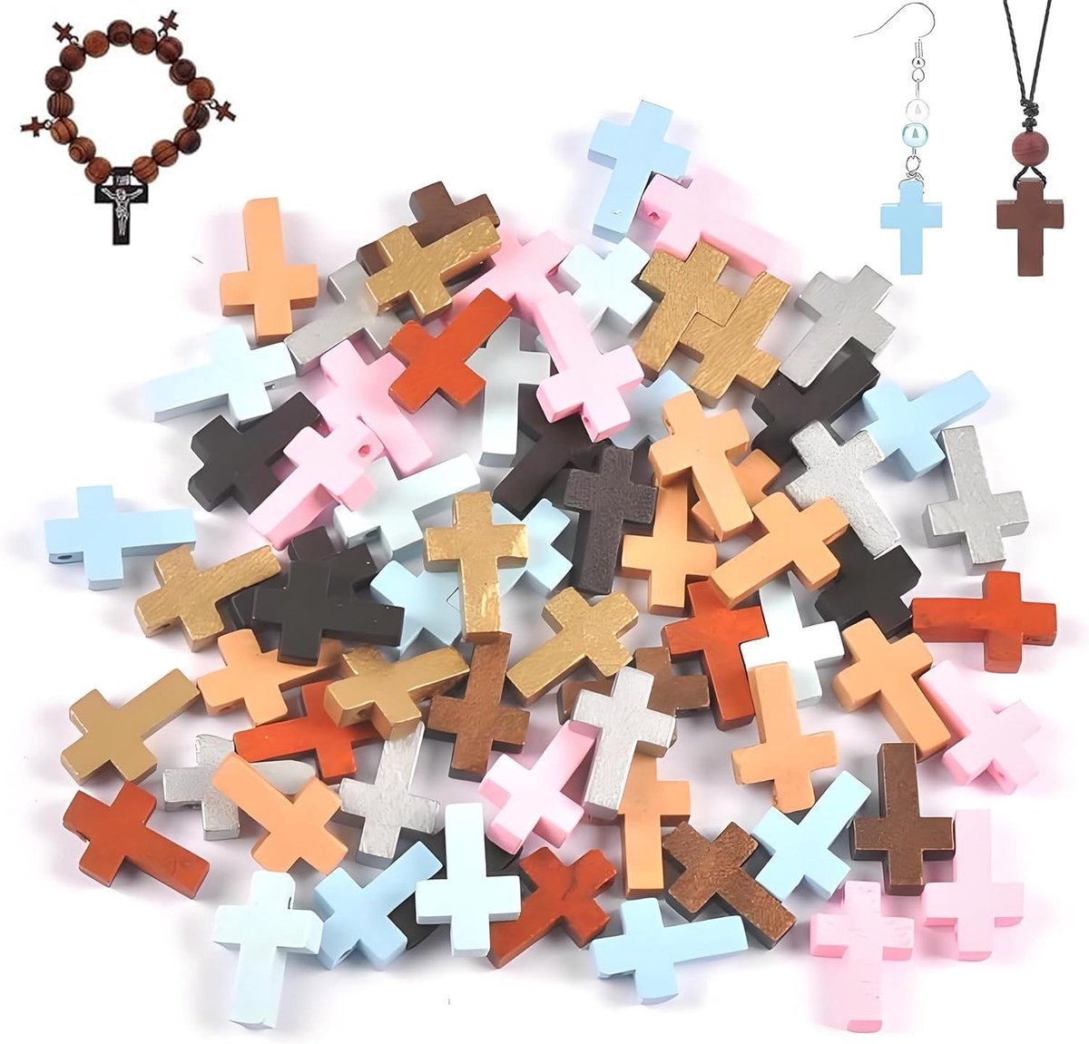 50 Stuks Houten Kruis Pendants in Diverse Kleuren voor DIY Projecten, Christening en Communie Accessoires