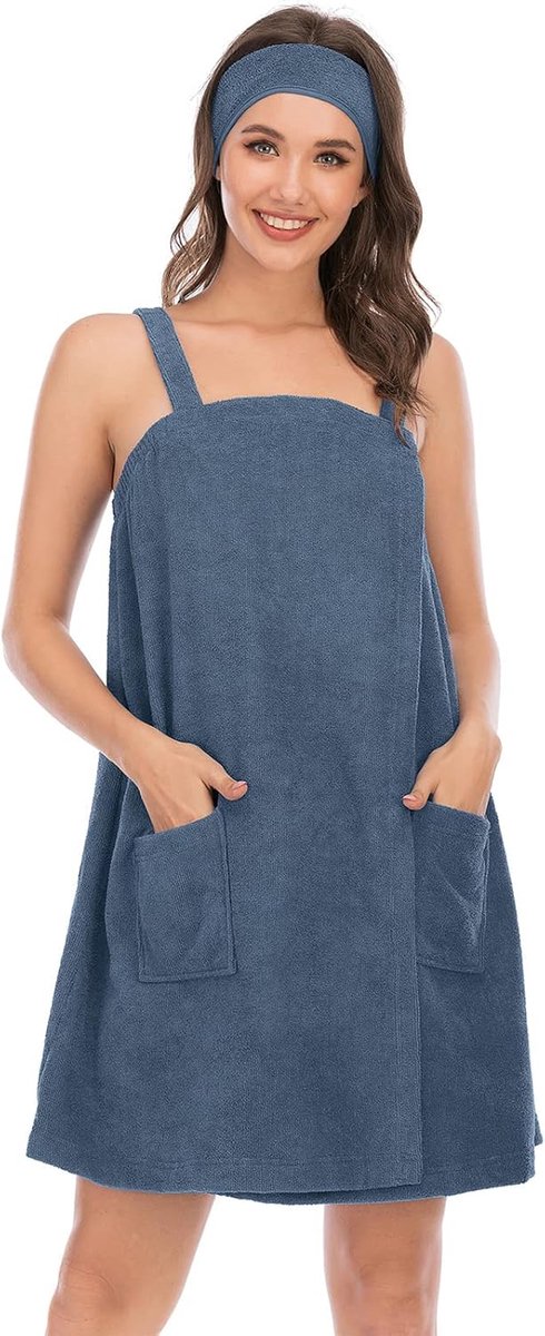 Dames Badcape met Hoofdband - Verstelbaar en Zacht - Blauw/Grey - Ideaal voor Sauna en Strand - ShopVlot
