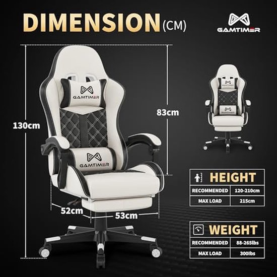 Gamingstoel met Voetensteun - Computerstoel Ergonomisch - Comfortabel Gamen - Verstelbare Rugleuning - 130 cm Hoog - Wit — afbeelding 5