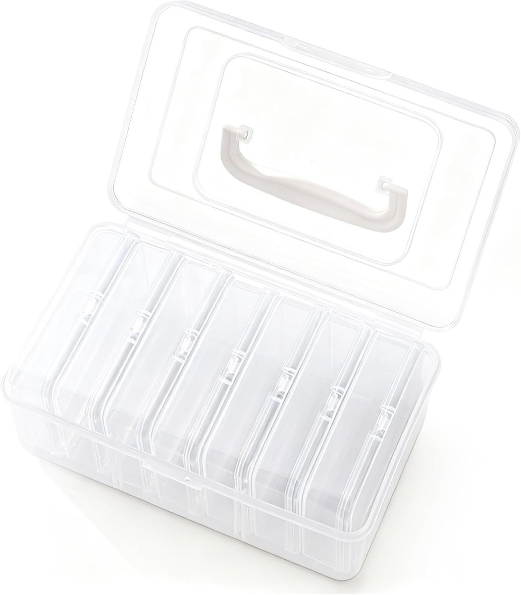 Card box met handvat, opbergdoos voor speelkaarten, transparante case met 7 geïntegreerde vakken voor leermiddelen en visitekaartjes