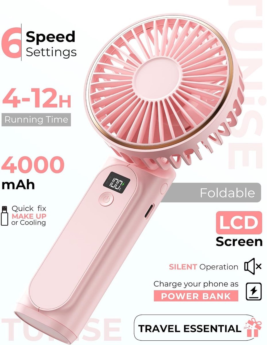 Draagbare handventilator 4000 mAh - 6 snelheden, LED-display, 180° verstelbaar - kantoor, reizen en buiten