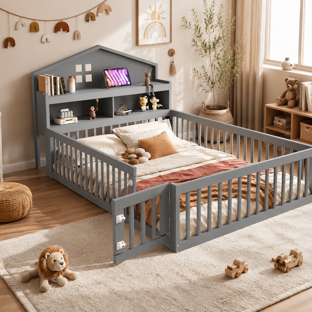 Kinderbed 140x200 cm - Tweepersoonsbed 140x200 cm - Vloerbed - Massief houten bedframe - Multifunctioneel bed - Met veiligheidsleuning - Met hoofdeinde - Met opbergruimte - Grijs