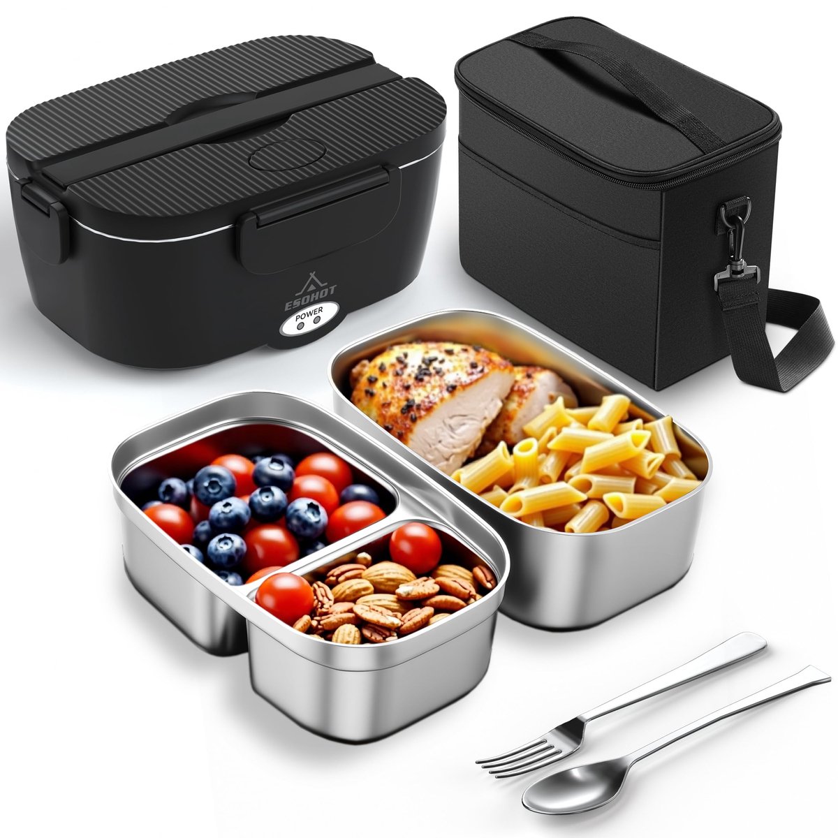 Elektrische Lunchbox - 120W Verwarmbare Lunchbox Set - 2 x 1,5L RVS Binnenbak - Lekvrije Voedselcontainer - 12V/24V Auto & 230V Thuis Aansluiting - Snelle Opwarming - Voor Werk, Kantoor, Reizen en Onderweg