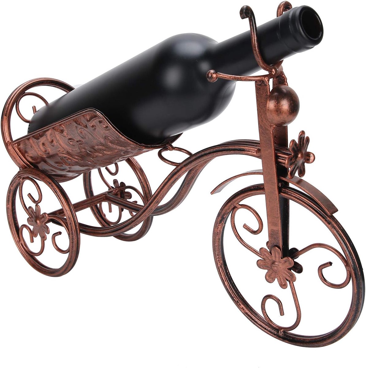 Decoratief flessenrek voor wijnflessen, metalen flessenhouder in fietsvorm voor eetkamer en bar - bronskleurig - ruimte voor 6 flessen.