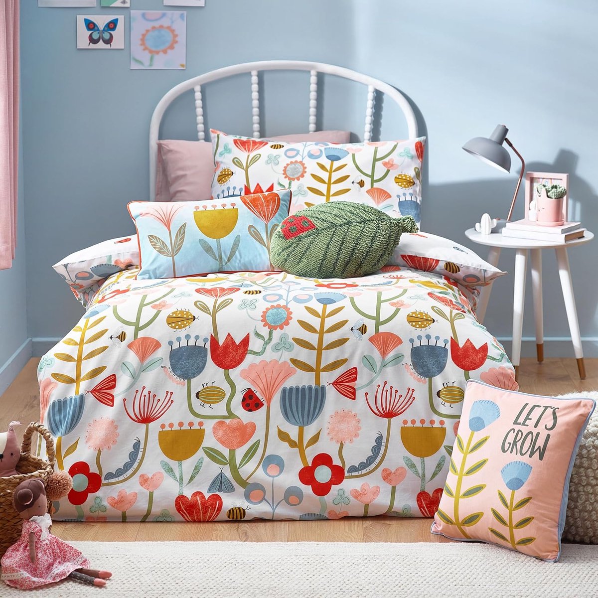 SnelShoppen - Dekbedovertrek Set Bloemen Insecten Polycotton 140x200 cm Kinderen Wit Tuin Camping