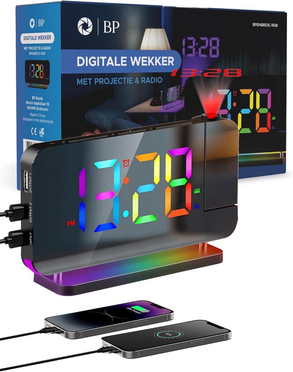 SnelShoppen - Digitale Projectie Alarmklok met Radio - Kinderalarmklok - Snooze Functie & Dubbele Alarm - USB Oplaadpoort - Draaibare Projector tot 6m