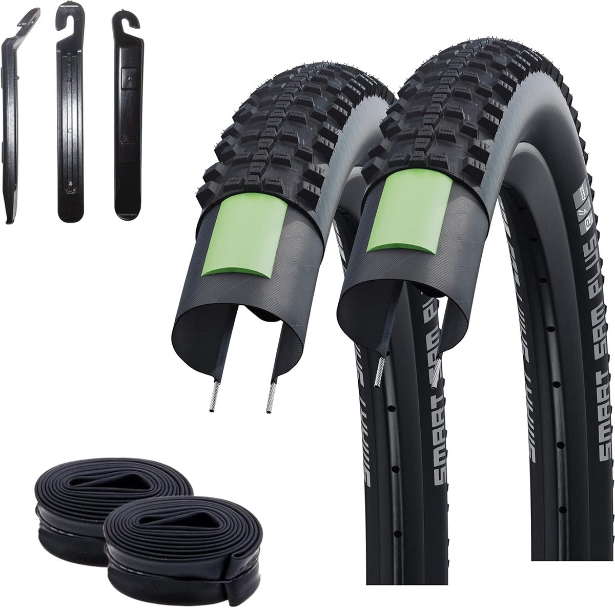 SnelShoppen - 2 x Fietbanden Smart Sam Plus Performance DD Groene G E-50 54-622 (29.0 x 2.10 inch) + 2 Ventielen Schwalbe SV19 en 3 Bandenheffers