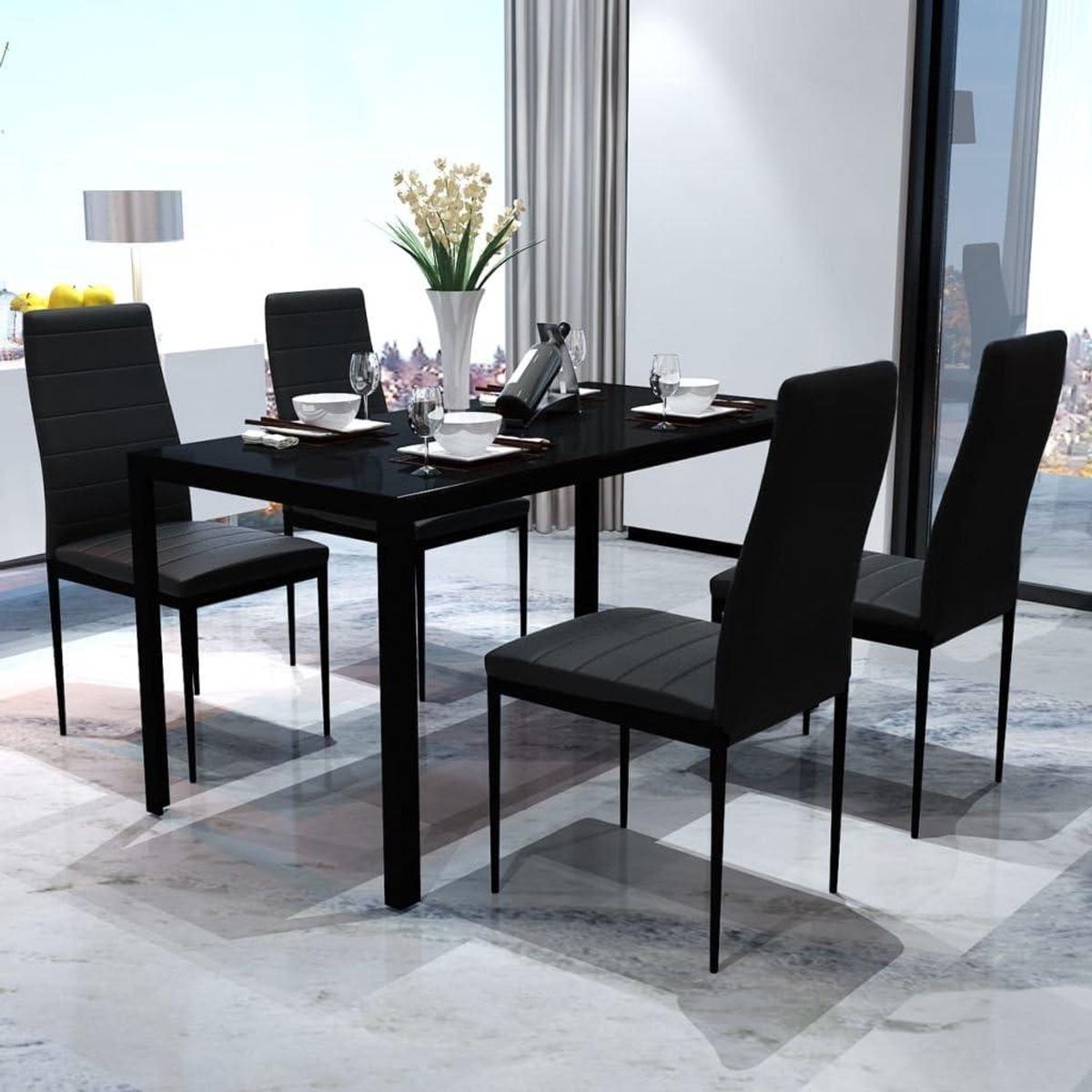 Eettafel set - Keukenmeubels zitgroep - Samen eten - Gehard glas tafelblad - 5-delig - Zwart