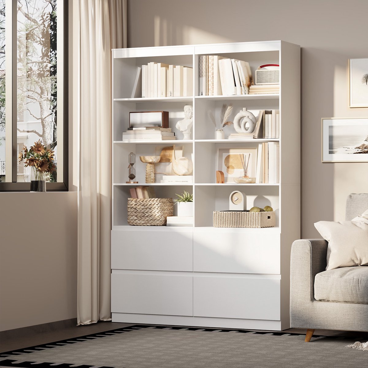 Bealife AP131 Boekenkast – Met 8 Open Vakken en 4 Laden - 120 x 34 x 180 cm - Wit