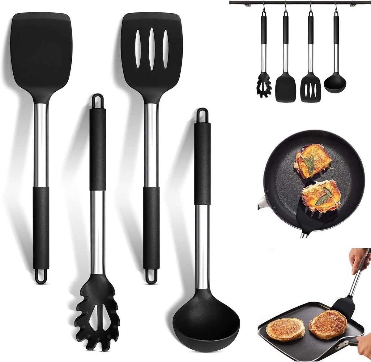 Set van 4 Keukenhulpmiddelen, Silicone Keukengerei, Kooklepels met RVS Handvat, Antiaanbaklaag en Hittebestendig voor Koken, Serveren en Roeren van Soepen en Sauzen