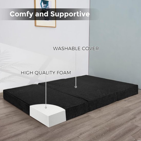 Opvouwbare Corduroy Matras - Drievoudig Gevouwen Vloermat - Dik, met Wasbare Overtrek - Ruimtebesparend voor Gasten (zwart, 135 x 190 cm - 10 cm) — afbeelding 5