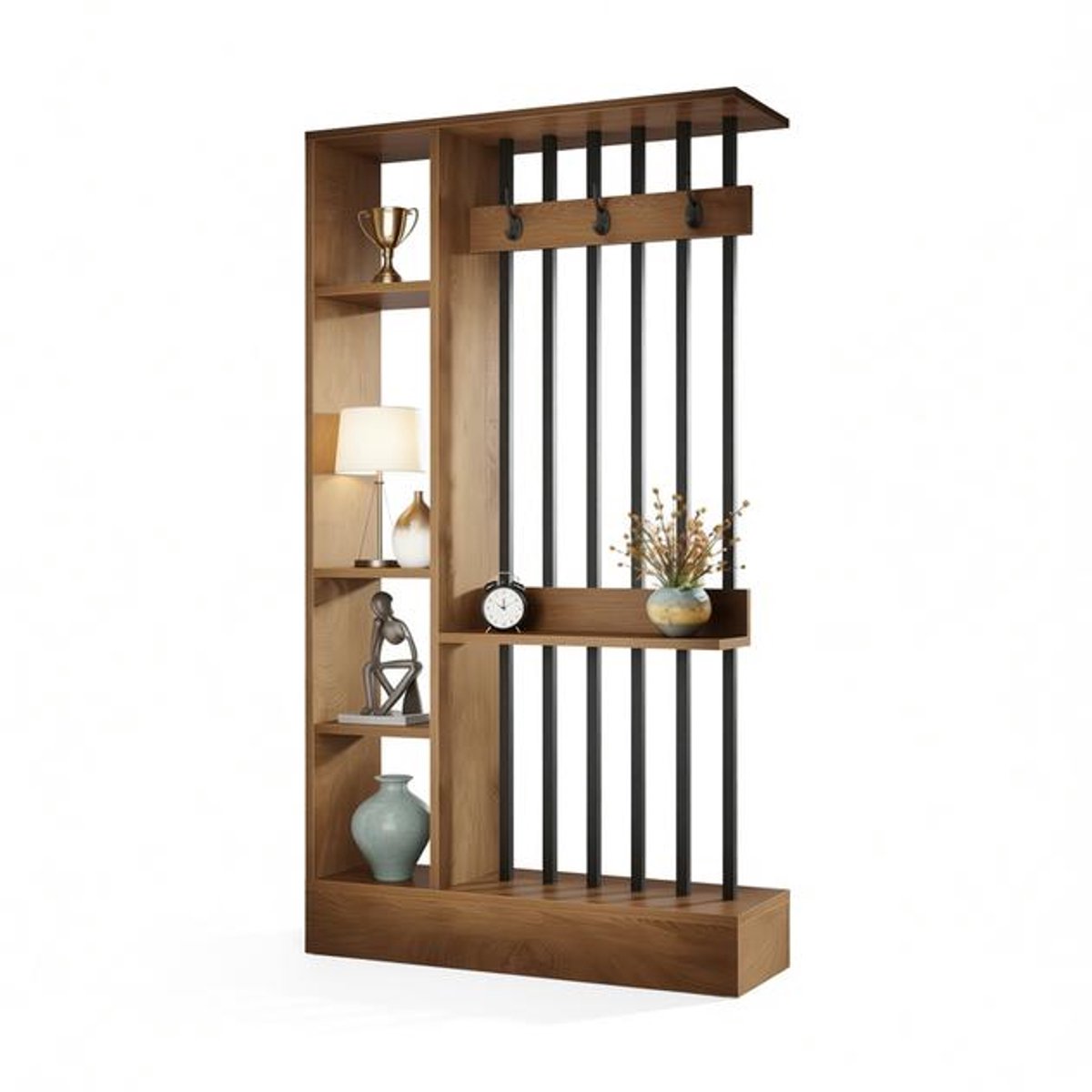 71-inch Houten Kameronderverdeling met Planken en Kapstokhaken - Ruimteverdeler voor Woonkamer en Kantoor - Bruin.
