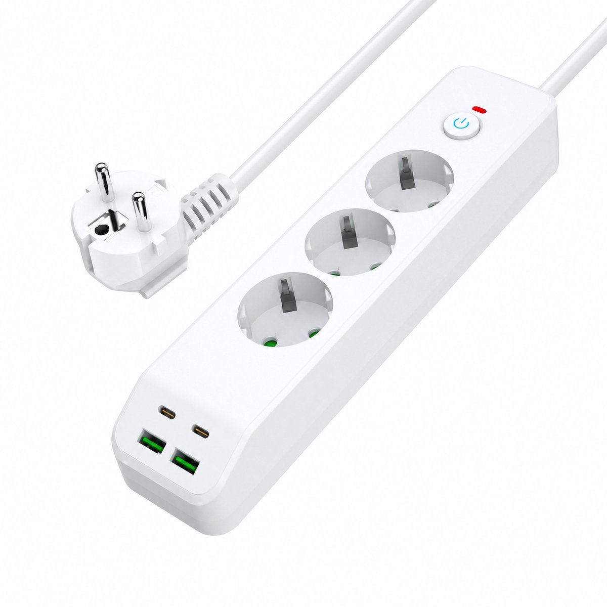 VHV - Stekkerdoos met USB-C - 3 stopcontacten, 2 USB-A en 2 USB-C - 1,8 m kabel - 2500 W - Wit voor thuis en kantoor