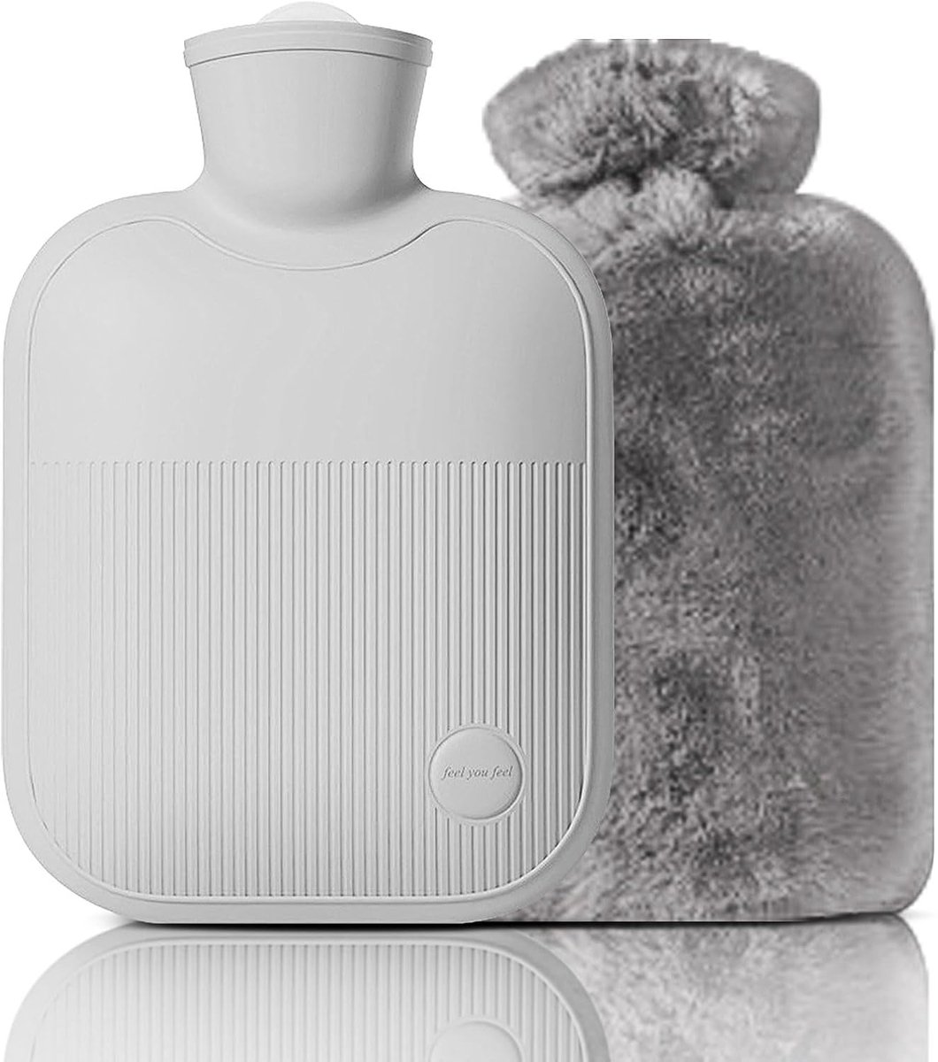 Warmwaterkruik met pluche hoes, pvc-warmwaterzak voor nek, schouderpijn en handvoetwarmer, menstruatiekrampen, warmkompres en koude therapie (grijs, 500 ml)