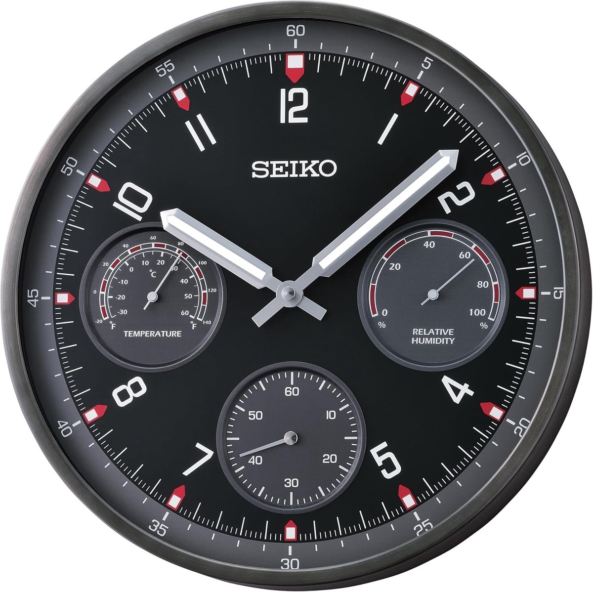 SnelShoppen - Seiko Klok Aluminium QXA823K met Thermometer en Hygrometer | Diameter 33 cm | Modern Design voor Woonkamer, Keuken en Tuin