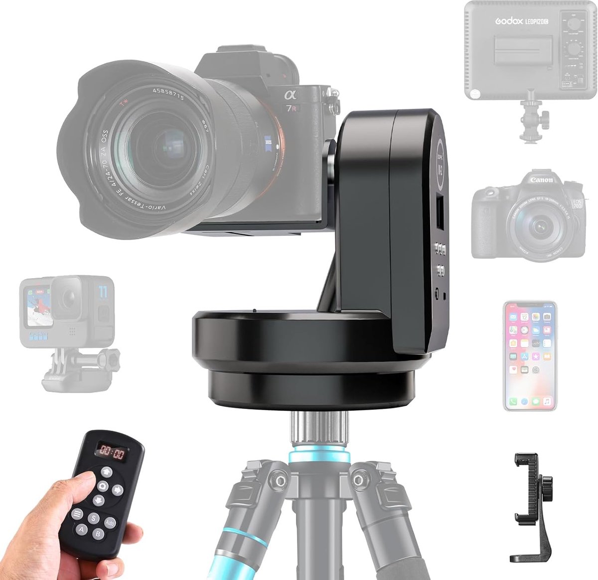SnelShoppen - Motorized Statiefkop 360 Graden Rotatie met Afstandsbediening, Panorama Swivel Hoofd voor Smartphone en Camera, Geschikt voor DSLR tot 1
