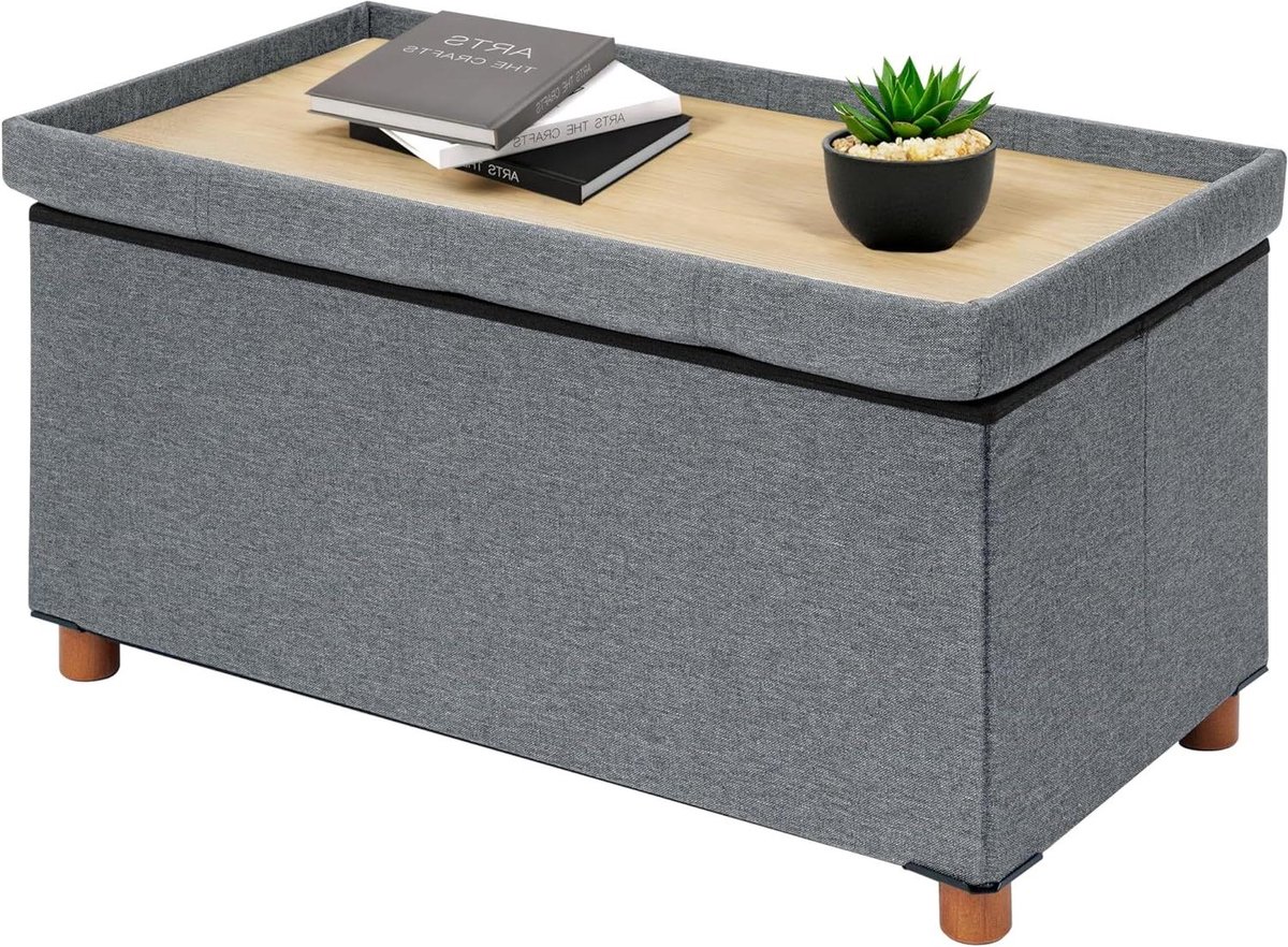 Opberg Poef - Voetenbank Kruk - Woonkamer Organiseren - Dubbelzijdig Deksel - 76 x 38 x 38 cm - Grijs