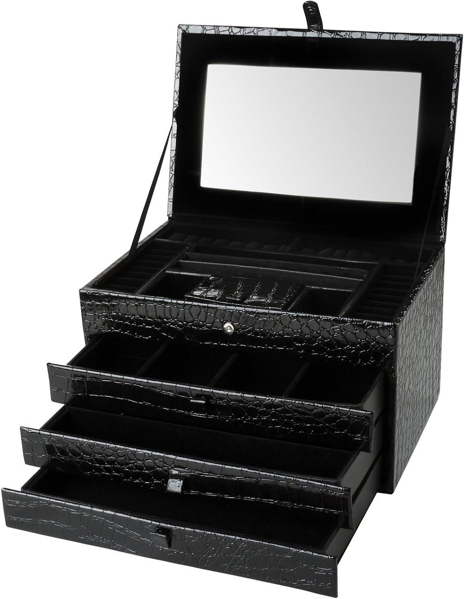 Juwelendoos - Sieradendoos Opberger - Sieraden Opbergen - Croco Lederlook - 30 x 20 x 17 cm - Zwart