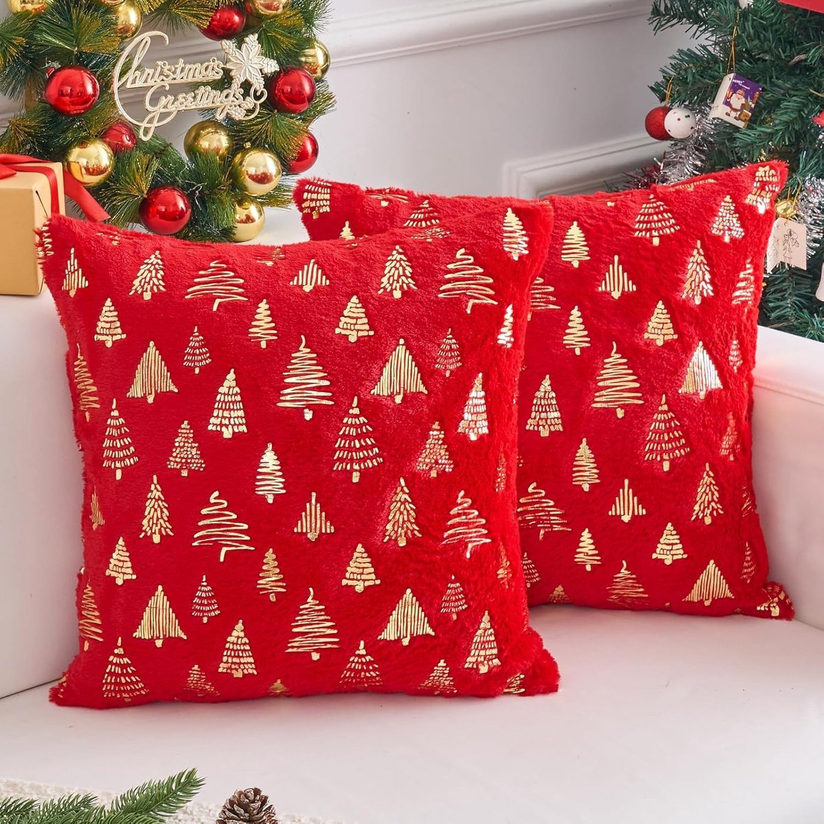 Kerst Kussenhoes met Gouden Dennenboompatroon, Zachte Fluwelen Kussen 50x50cm voor Winterdecoratie en Gezellige Sfeer