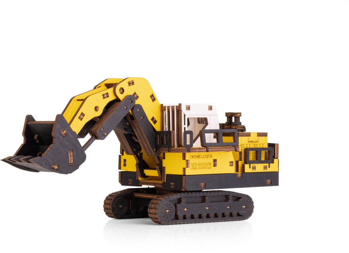 Eco Wood Art (EWA) 3D Mechanische Houten Puzzel, Mining Hydraulic Excavator BX20012, 4547, Kleur Geel, 26,5x10,4x11,7cm
