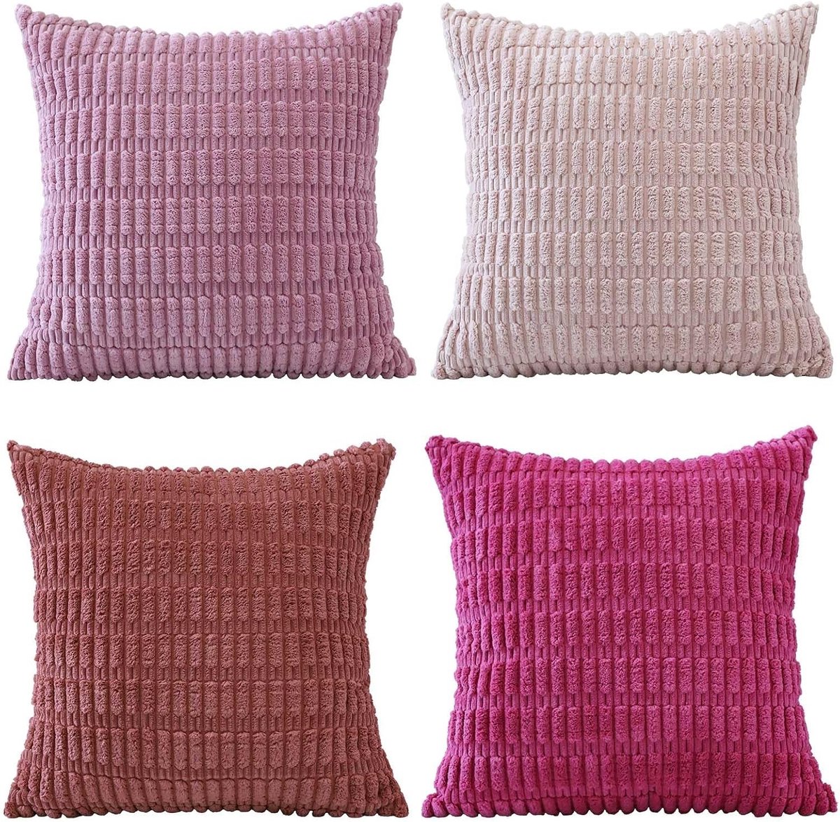 Set van 4 Zachte Corduroy Decoratieve Kussenslopen 45x45cm, Vierkante Gestreepte Kussencovers voor Bank, Woonkamer en Bohemian Interieur in Felroze en Paars